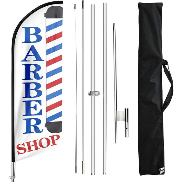 Barber Shop Now Open Open King Swooper Feather Flag Sign Kit with Complete Hybrid Pole Set Pack of 3 